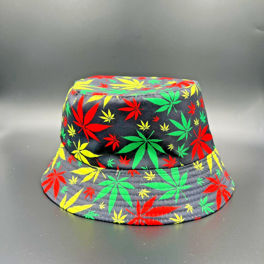 wholesale Black Bucket Hat with Rasta Leaf Print: Unisex Sun Style