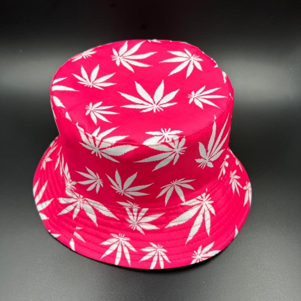 Bucket Hat Pink: Unique White Leaf Print Sun Style Reversible Foldable