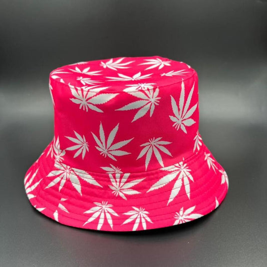 wholesale Bucket Hat Pink: Unique White Leaf Print Sun Style Reversible Foldable