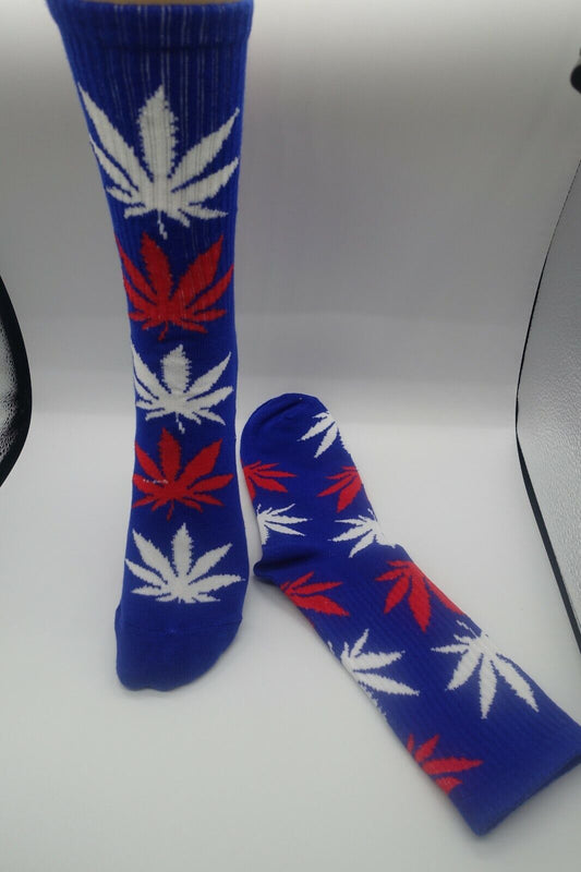 Blue Red and white Marijuana leaf Print Socks unisex USA Flag colors wholesale