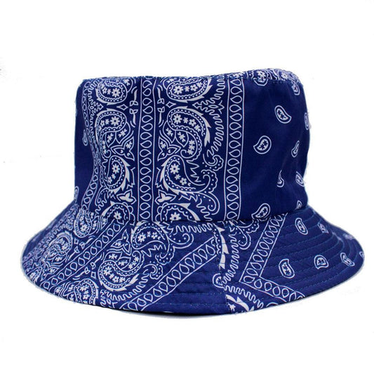 wholesale blue bandana bucket hat: unisex sun style reversible foldable paisley pattern