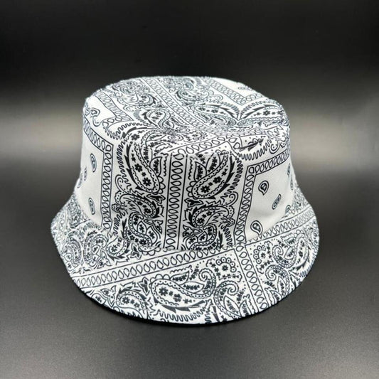wholesale White Paisley Black Print Bucket Hat Cap - Sun Style Reversible Foldable