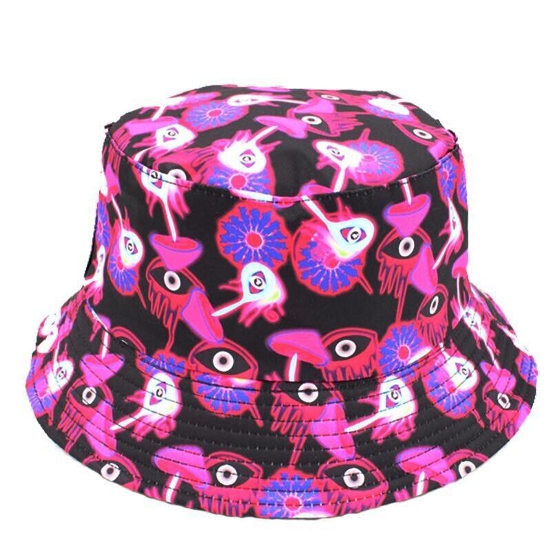 Psychedelic eyes Mushrooms Bucket Hat - One Size Unisex Pink Purple