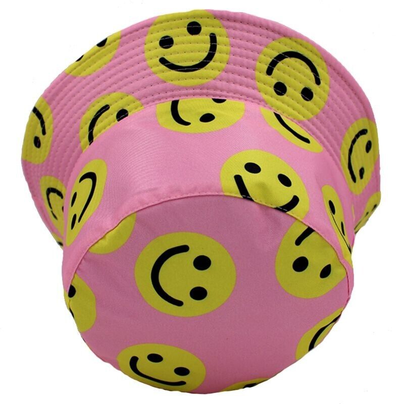Groovy Smile pink Bucket Hat Yellow Happy Face Pattern
