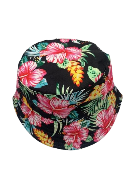 Hawaiian Resort Wear Floral Print Visor bucket Hat Black Pink Orchid Aquarela