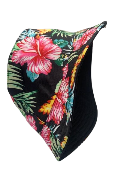 Hawaiian Resort Wear Floral Print Visor bucket Hat Black Pink Orchid Aquarela